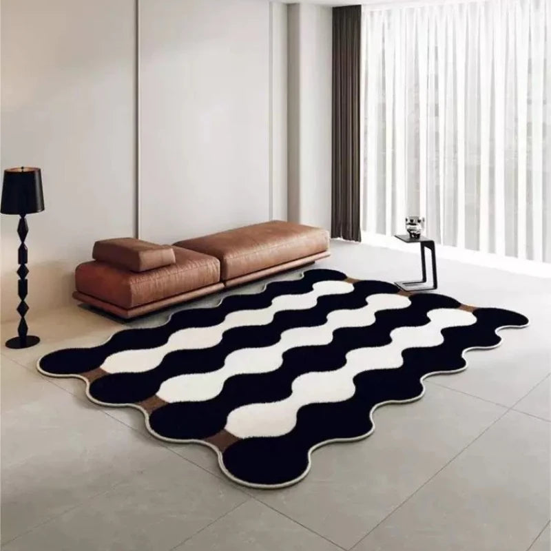 Wavy Area Rug – Black & White Fluffy Pile