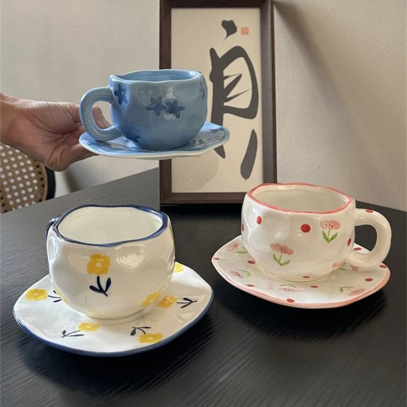 Tasse et Assiette Céramique Peintes Main Style Japonais Rétro