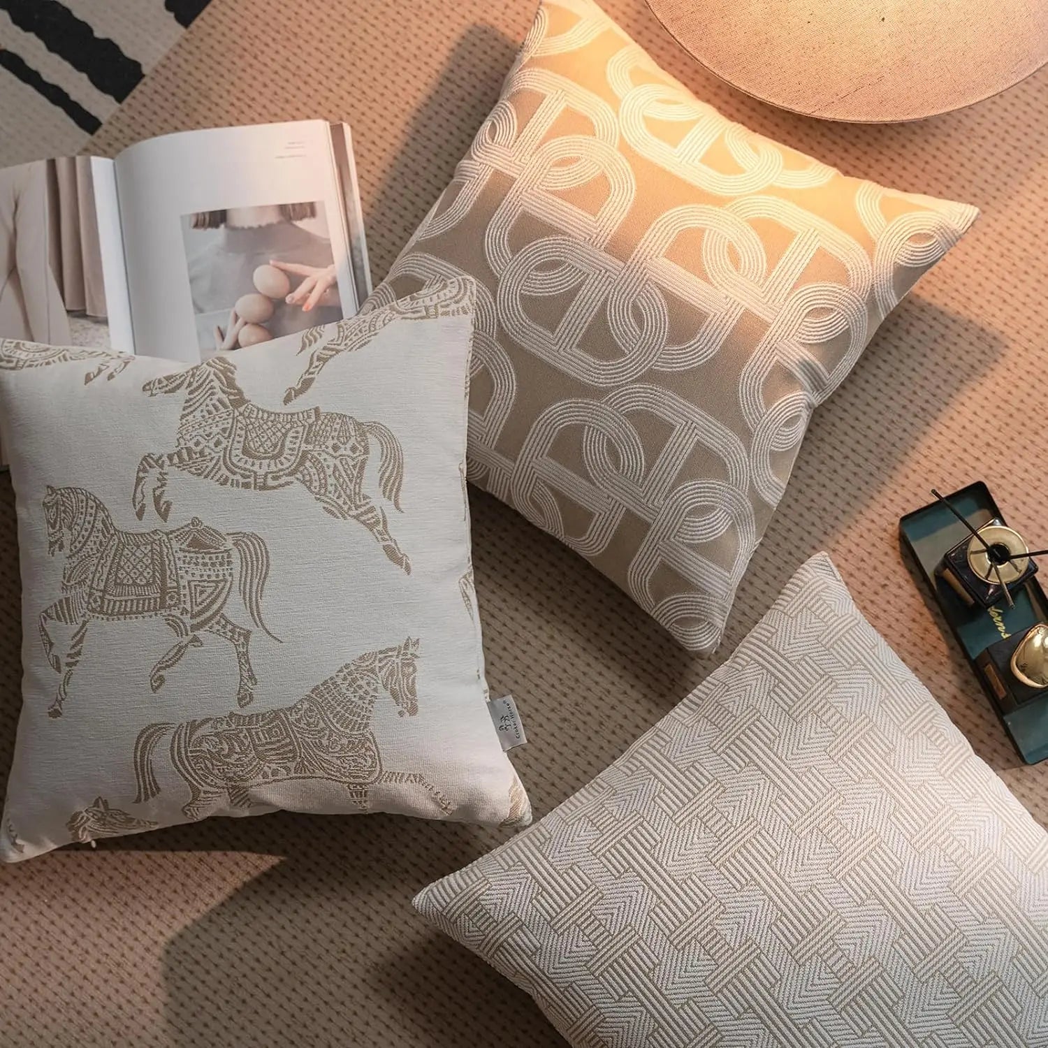 Housse de Coussin Jacquard Géométrique Gris Avoine Luxe Minimaliste