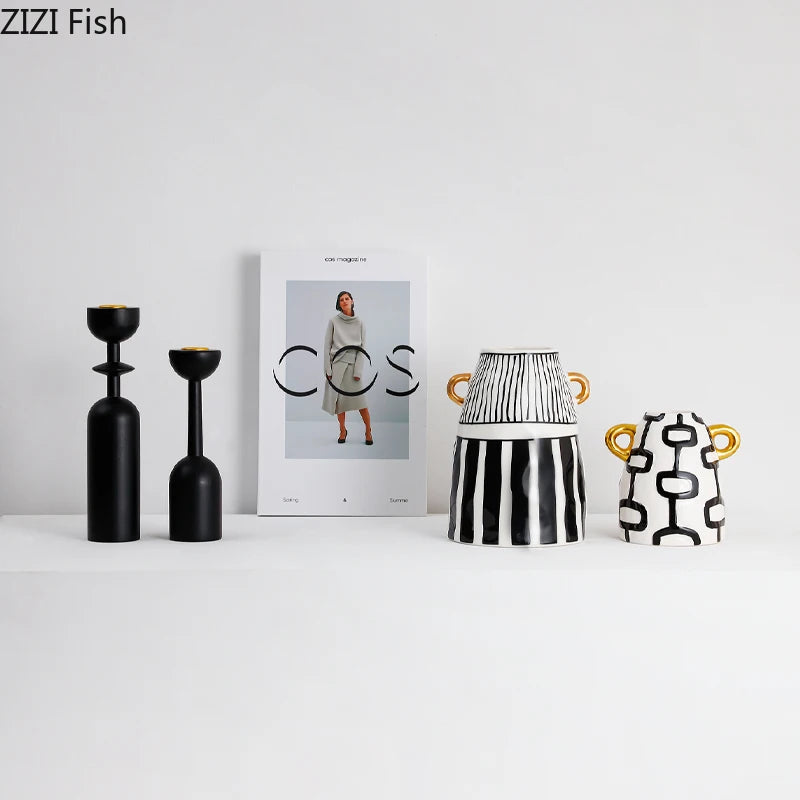 Vase Céramique Rayures Noir et Blanc pour Fleurs