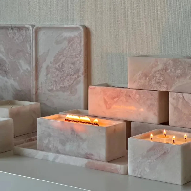 Bougeoir Rectangulaire en Marbre Rose - Fait Main