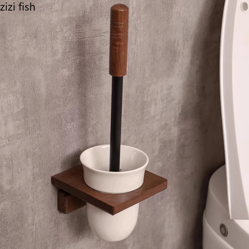 Porte-Brosse WC Mural en Bois et Céramique - Sans Perçage