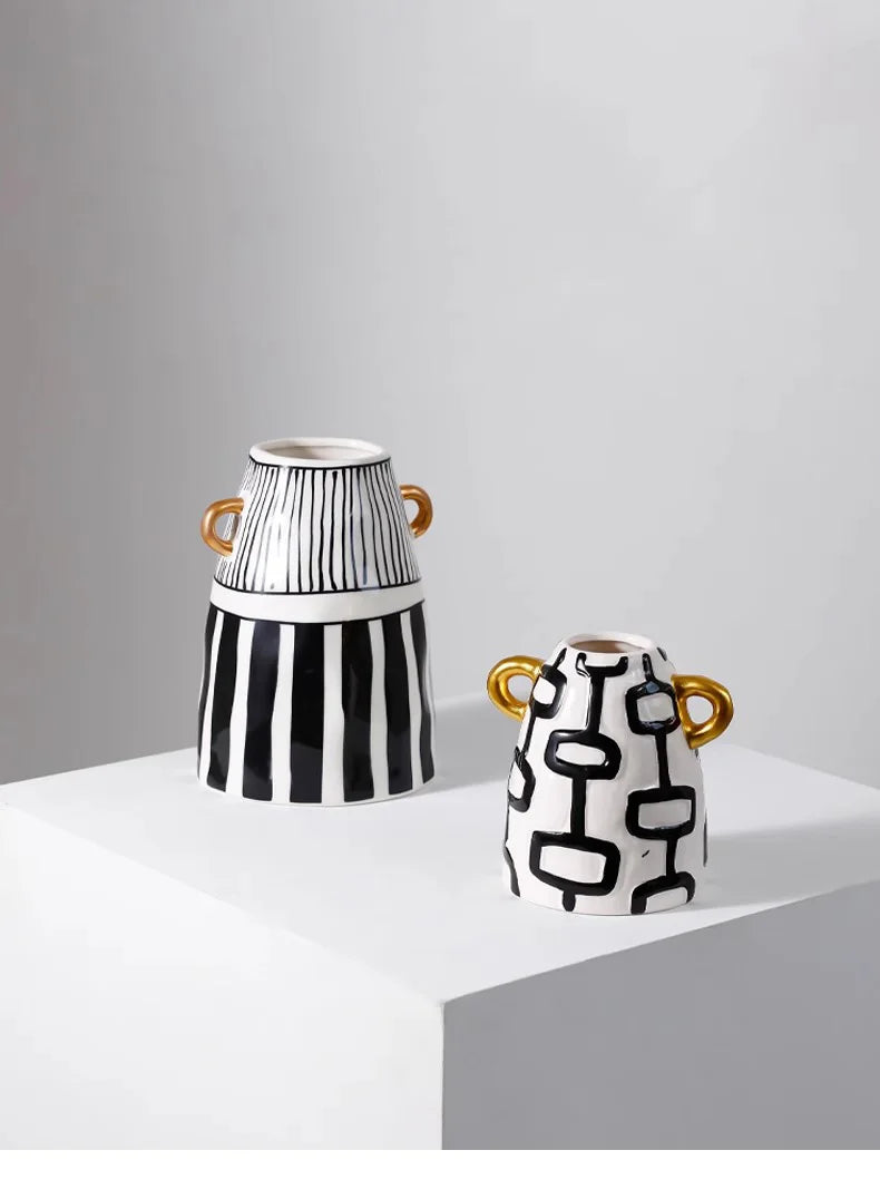 Vase Céramique Rayures Noir et Blanc pour Fleurs