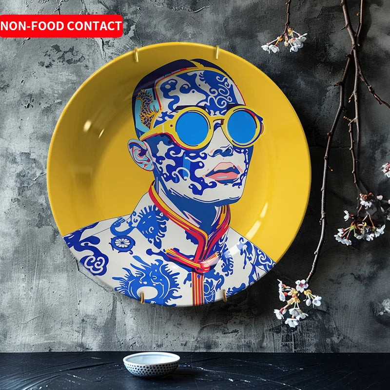 Assiette Décorative Céramique Jaune et Bleu Art Moderne