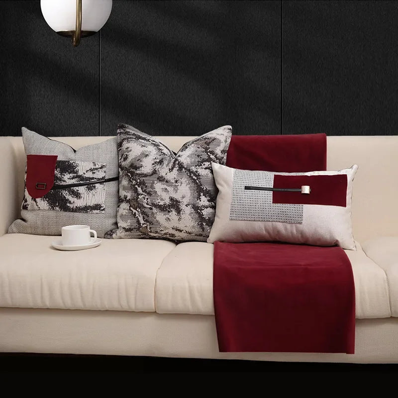Housse de Coussin Encre de Chine Style Rouge et Gris
