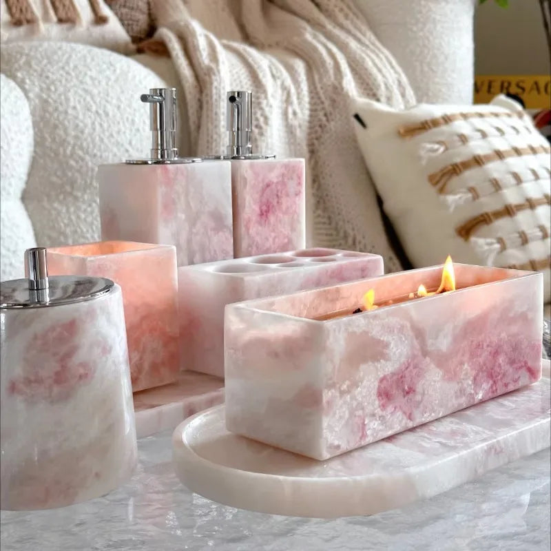 Bougeoir Rectangulaire en Marbre Rose - Fait Main