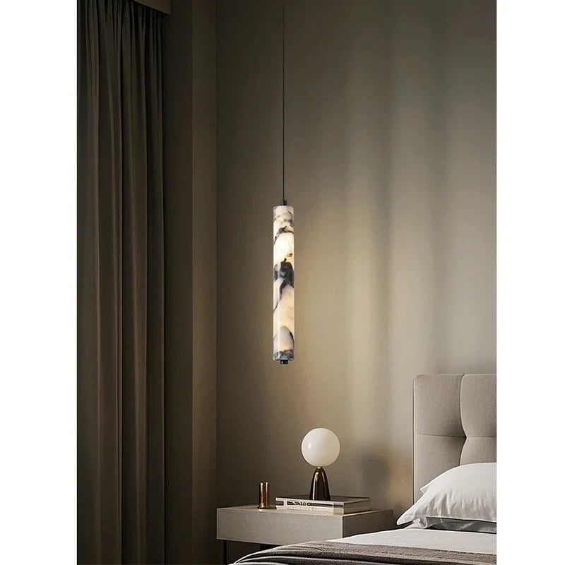Suspension Luminaire Cylindre Pierre Naturelle Noire Haut de Gamme