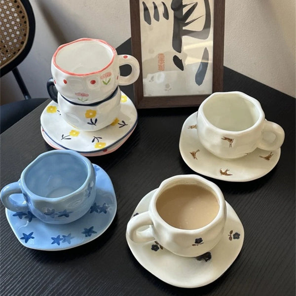 Tasse et Assiette Céramique Peintes Main Style Japonais Rétro