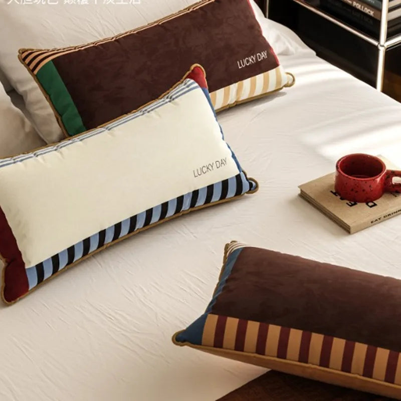 Housse de Coussin Lombaire Rayée Patchwork - Style Rétro