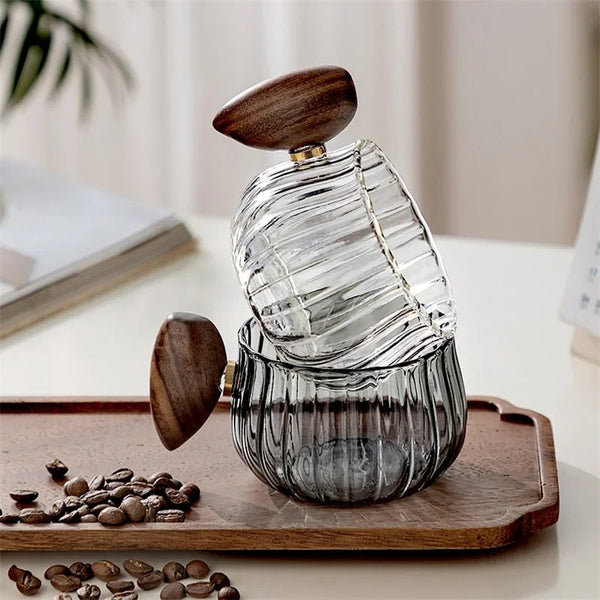 Tasse à Café Verre Rayé Résistant à la Chaleur Manche Bois