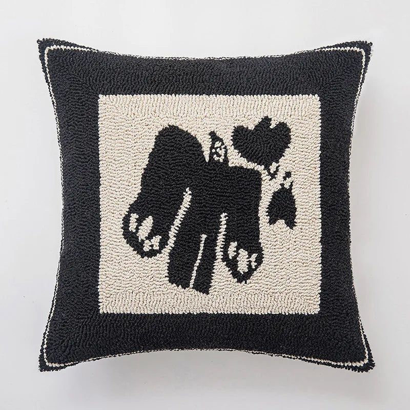 Housse de Coussin Brodée Motif Géométrique Abstrait Beige Noir