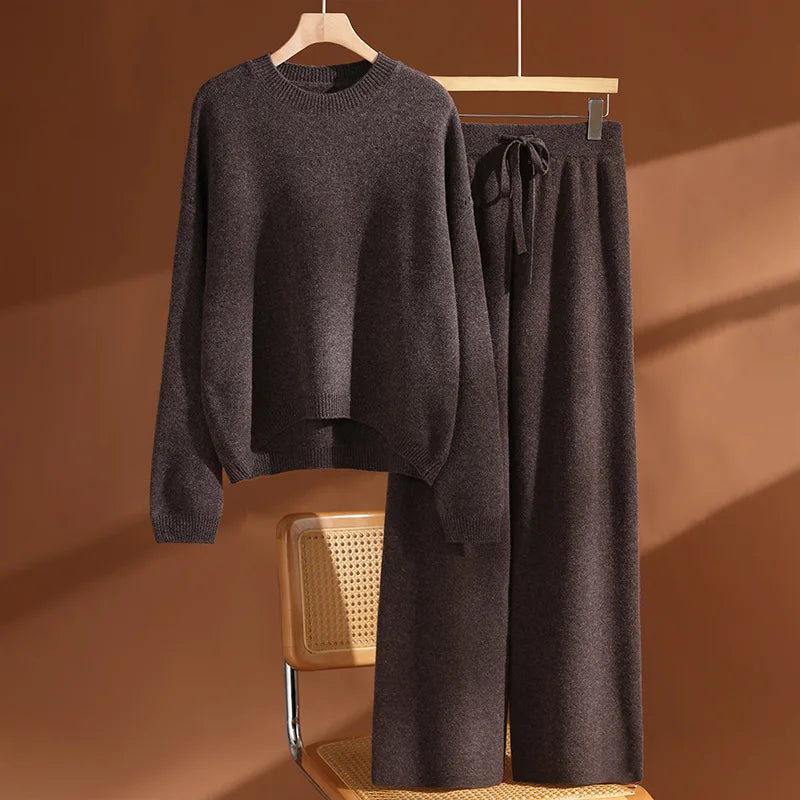 Women's 100% Wool Set O-neck Pullover Wide Leg Pants Loose Thick Autumn Winter Solid Cashmere Sweater Knitwear Trousers Suit