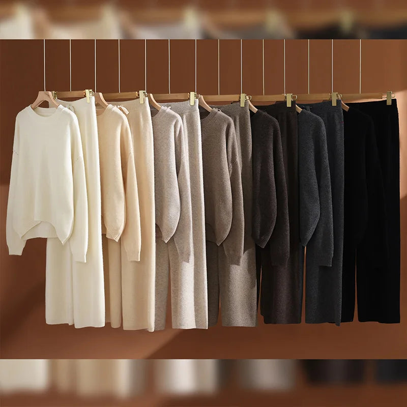Women's 100% Wool Set O-neck Pullover Wide Leg Pants Loose Thick Autumn Winter Solid Cashmere Sweater Knitwear Trousers Suit