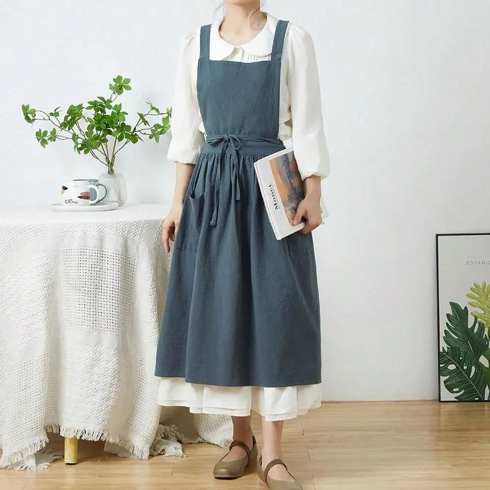 Tablier Robe Plissé Coton Lin Croisé Dans le Dos