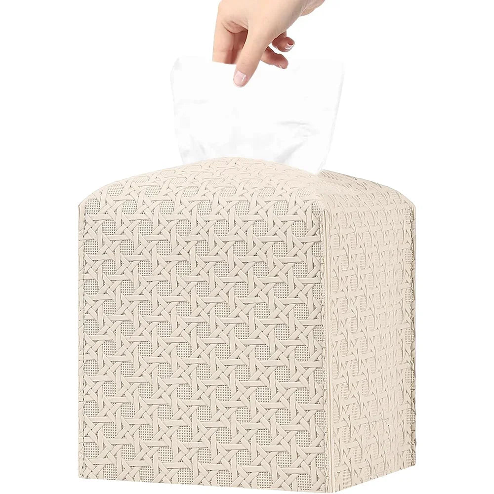 Boîte à Mouchoirs Simili Cuir Design Rotin Grande Capacité