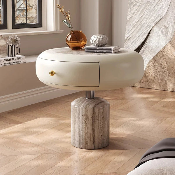 Table de Chevet Style Crème - Bois Massif avec Tiroir