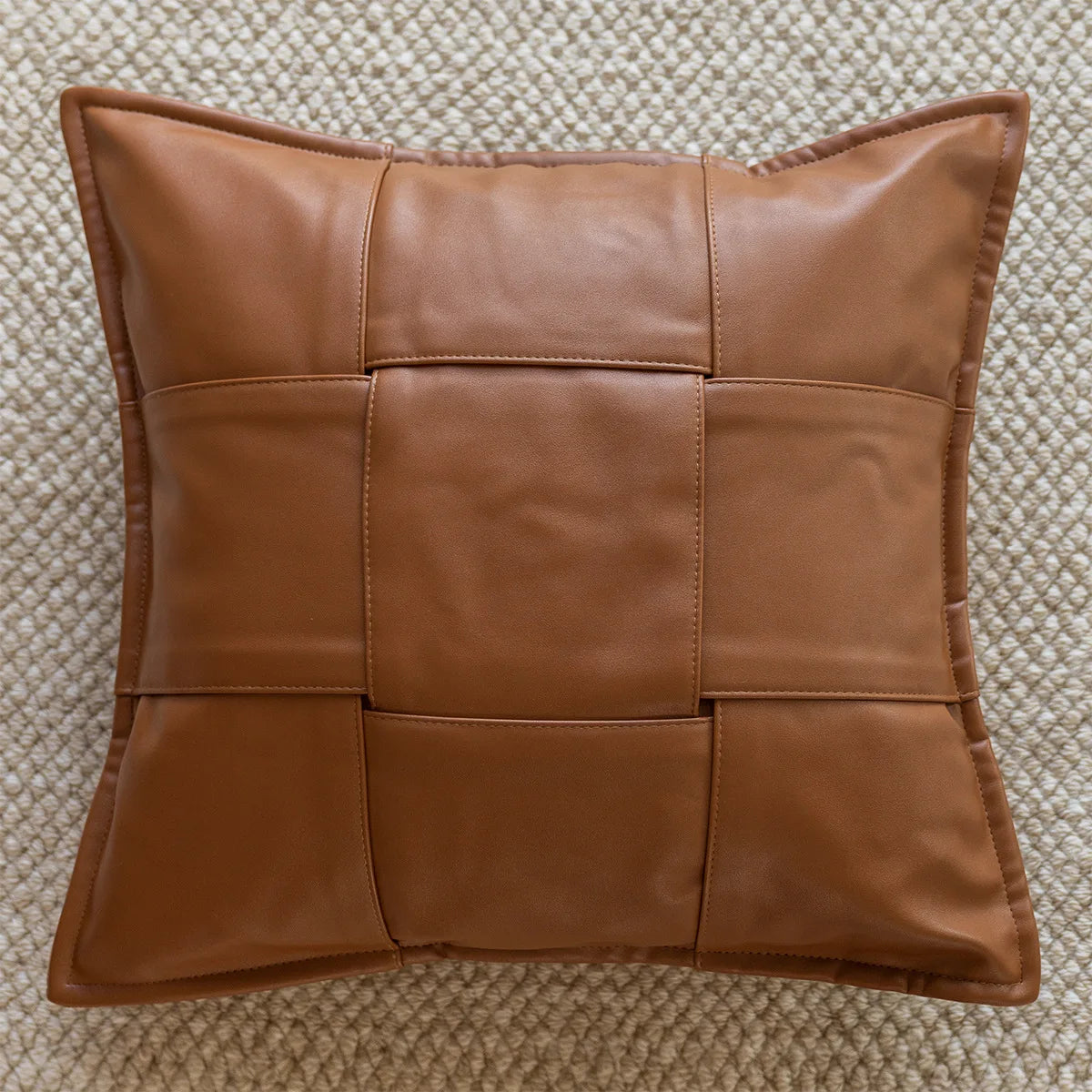 Housse de Coussin Cuir Tissé Brun Maillard Style Boho Vintage