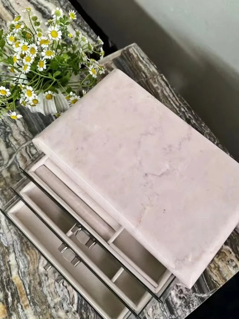 Boîte de Rangement en Marbre Onyx Rose Crème - 3 Niveaux