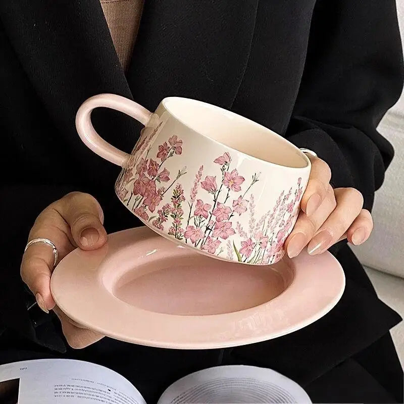 Tasse et Soucoupe en Céramique Rose - Style Français Rétro