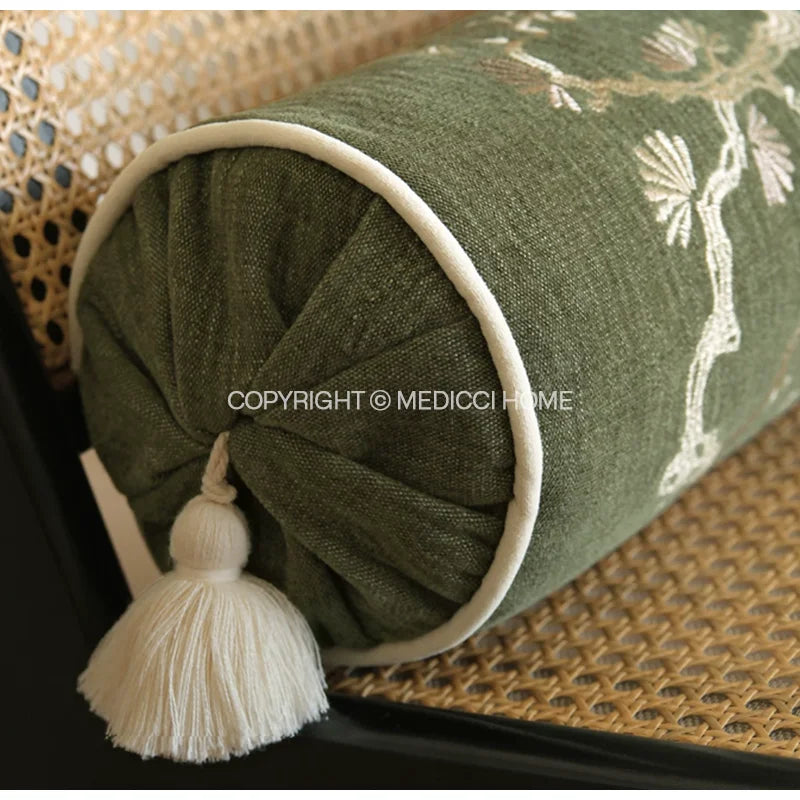 Housse de Coussin Cylindrique Brodée Feuilles de Bambou