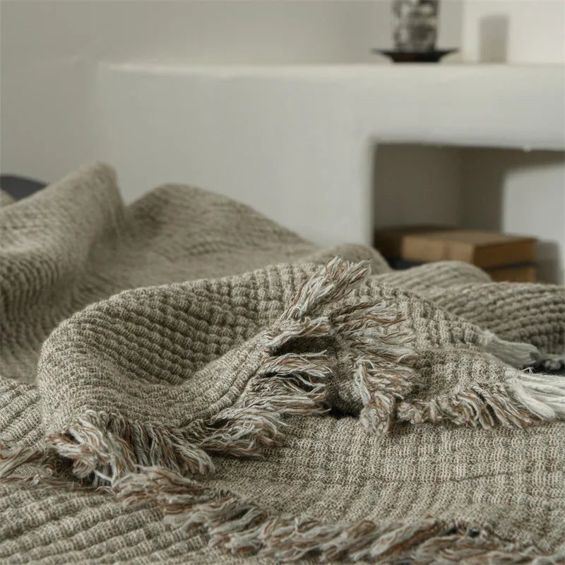 Couverture à Pompons en Coton et Lin