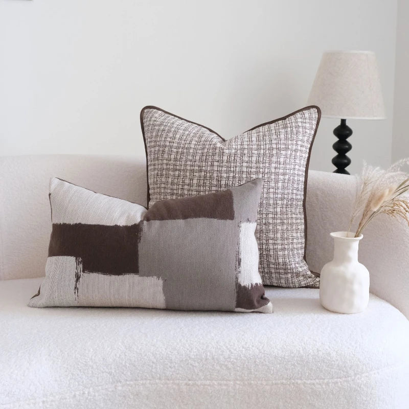 Housse de Coussin Marron Maillard - Motif Géométrique Jacquard
