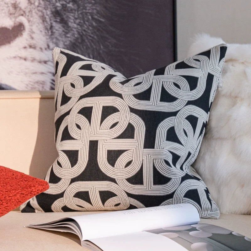 Housse de Coussin Jacquard Géométrique Gris Avoine Luxe Minimaliste