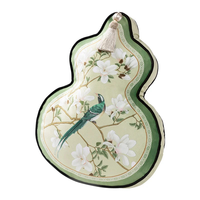 Coussin Décoratif Forme Gourde - Motif Floral et Oiseaux
