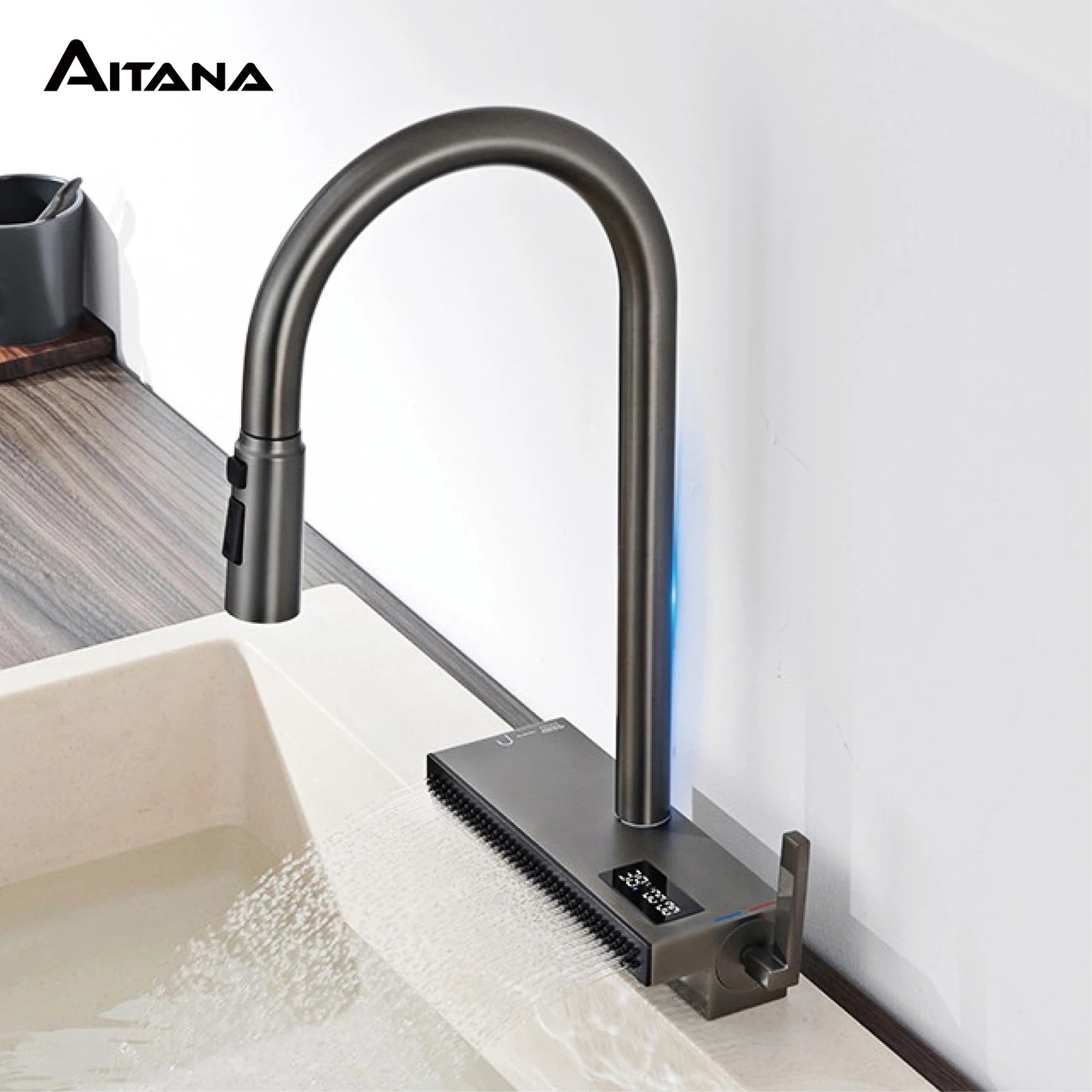 Robinet de Cuisine Extractible Écran LED Gris Métal