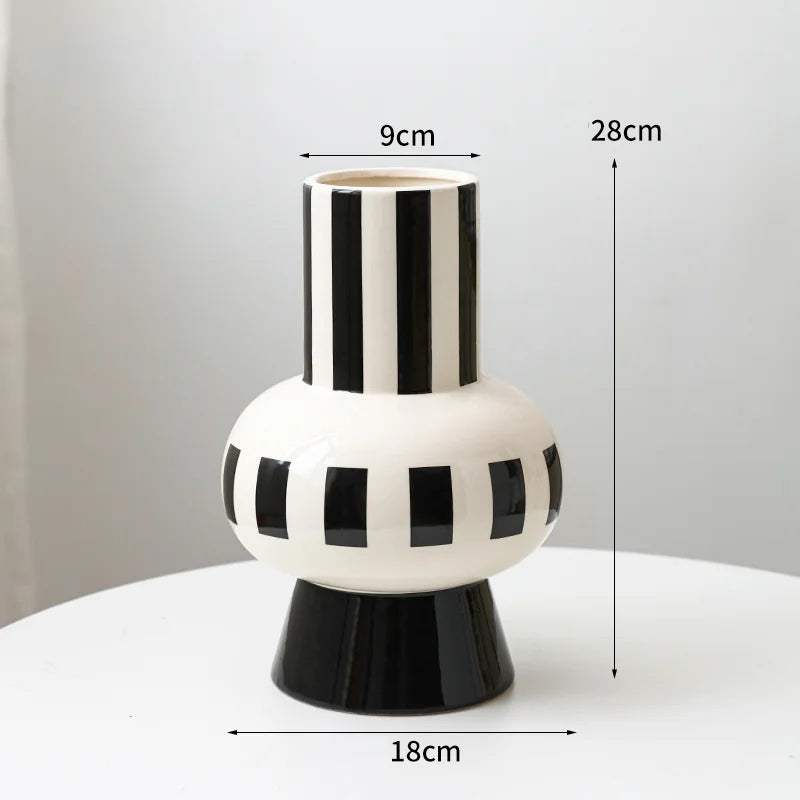 Vase Céramique Rayures Noir et Blanc pour Fleurs