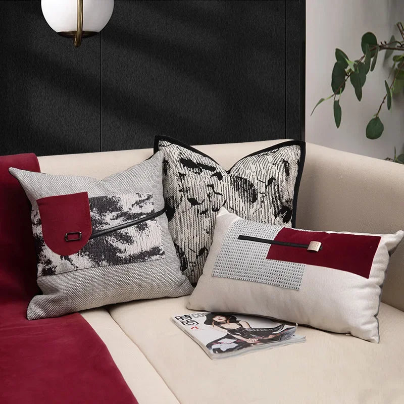 Housse de Coussin Encre de Chine Style Rouge et Gris