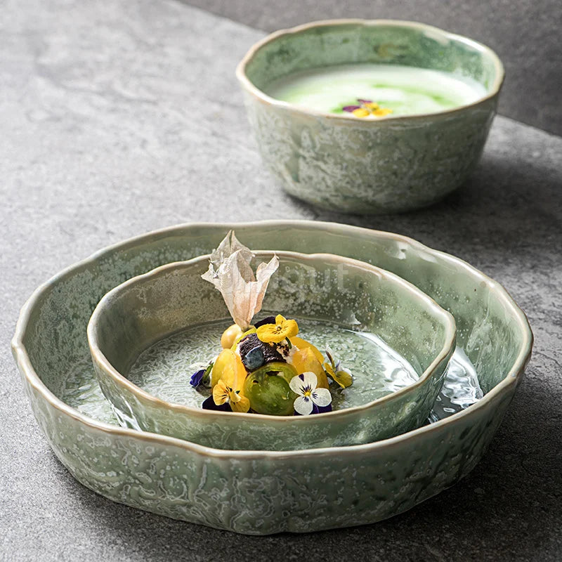 Bol en Céramique Vert Style Japonais pour Salade et Soupe