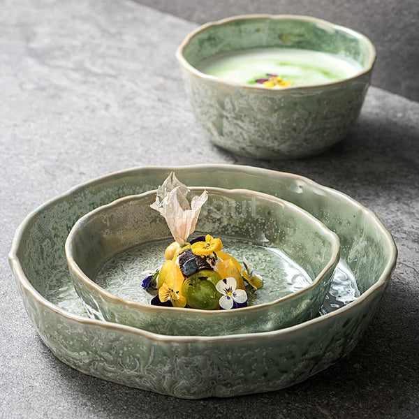 Bol en Céramique Vert Style Japonais pour Salade et Soupe