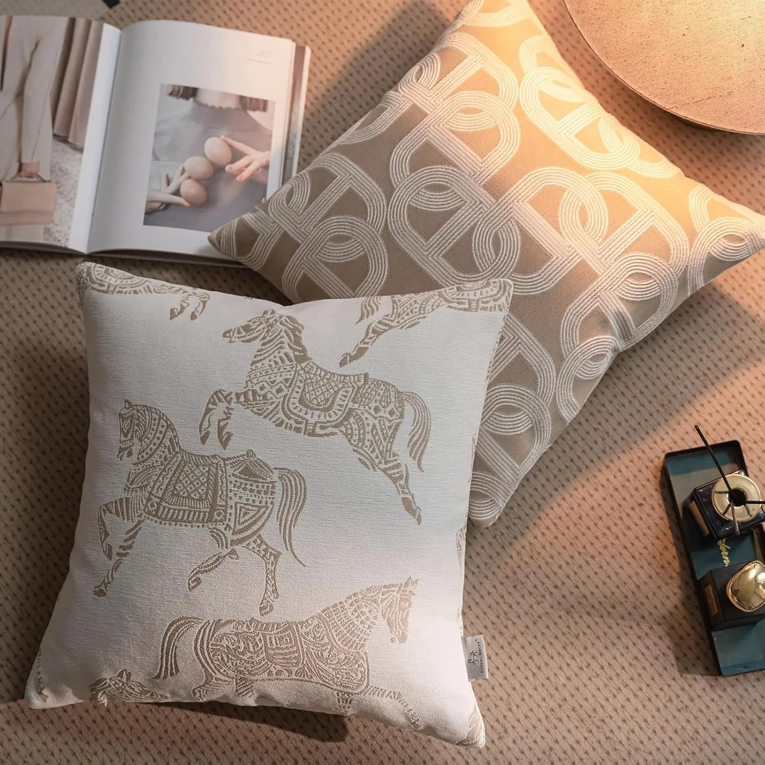 Housse de Coussin Jacquard Géométrique Gris Avoine Luxe Minimaliste