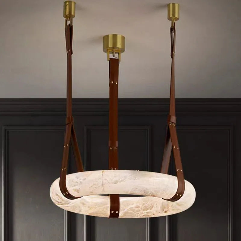 Suspension Ronde Cuir et Cuivre Marbre Espagnol Haut de Gamme