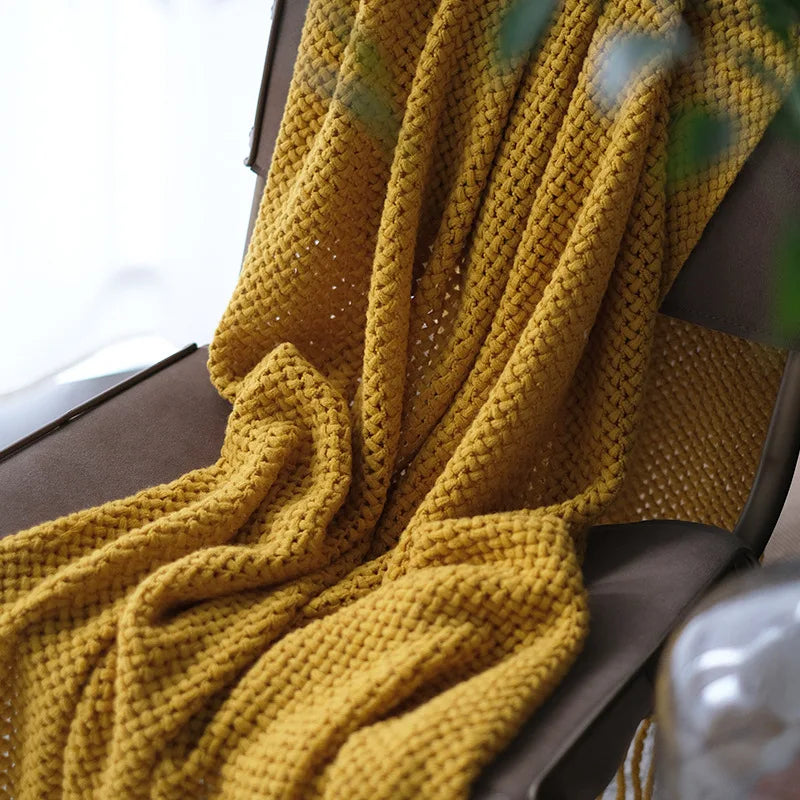 Plaid Tricoté Jaune Moutarde - Franges Bohèmes