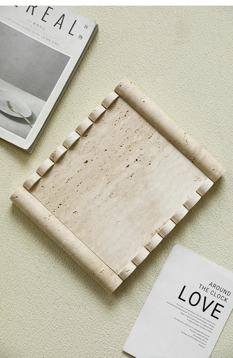 Plateau de Service Marbre Travertin Beige Vintage