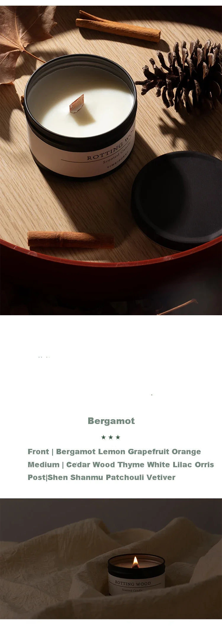 Bougie Parfumée Boîte Métal Noire Mèche Bois