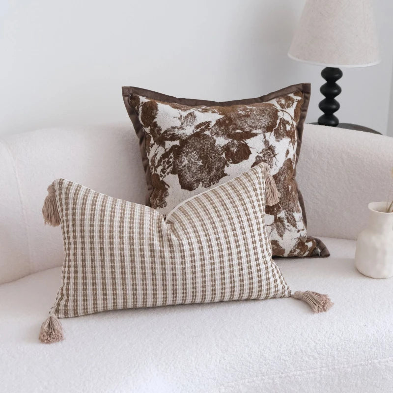Housse de Coussin Marron Maillard - Motif Géométrique Jacquard