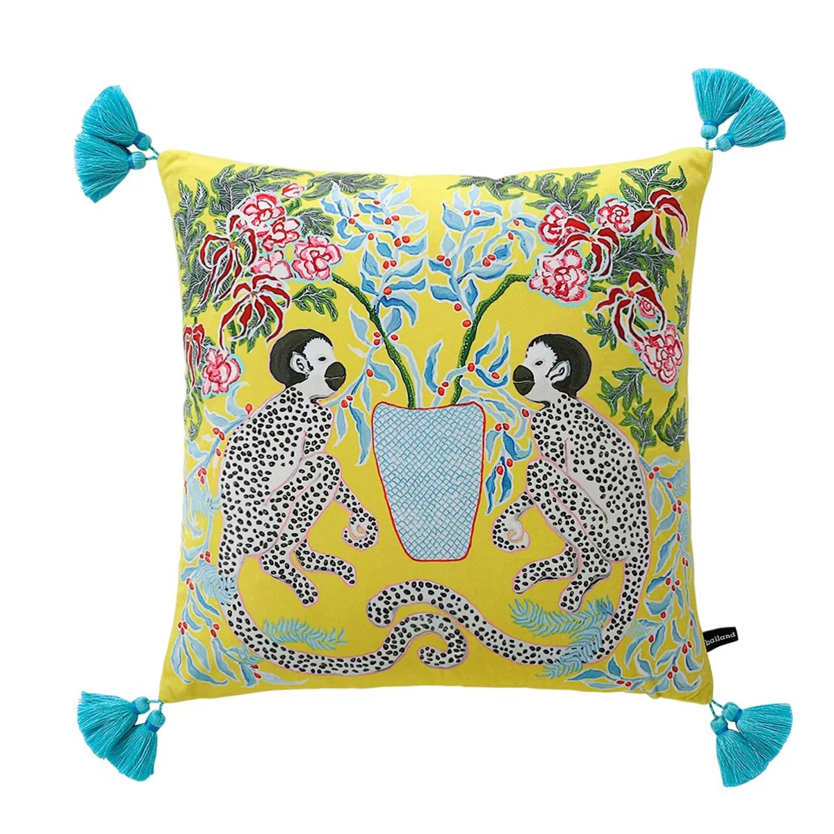 Housse de Coussin Velours Motif Léopard à Pompons