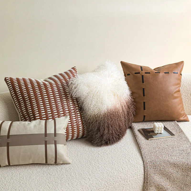 Housse de Coussin Cuir Tissé Orange et Blanc Format Carré