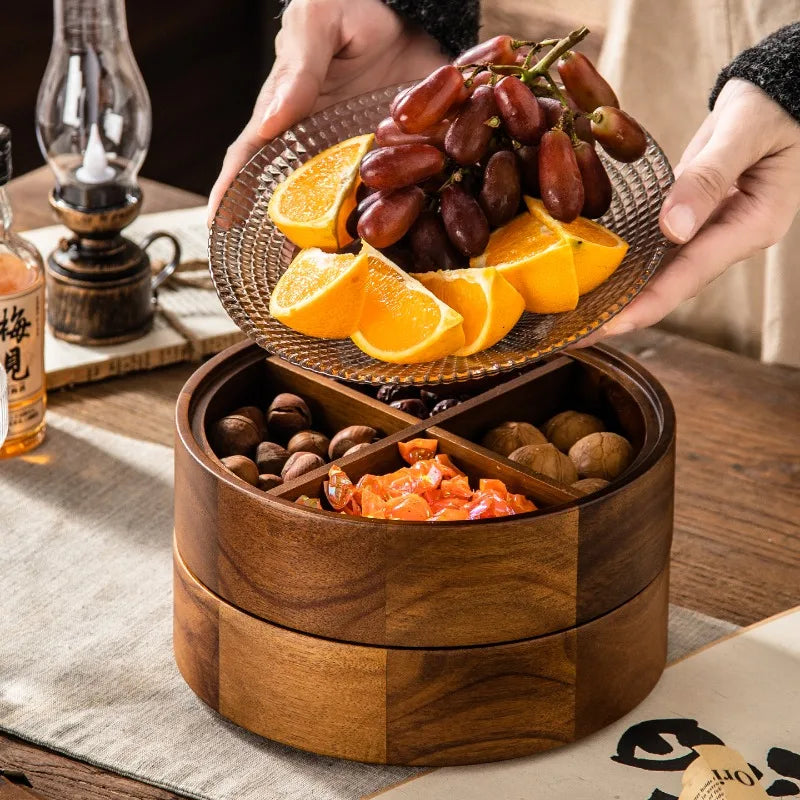 Coupe à Fruits en Bois d'Acacia avec Cloche en Verre