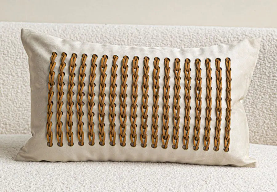 Housse de Coussin Cuir Tissé Orange et Blanc Format Carré