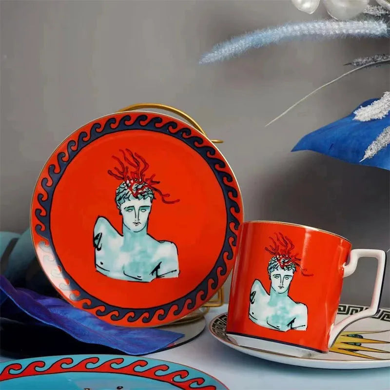 Tasse à Café en Porcelaine Rouge avec Plateau Rond