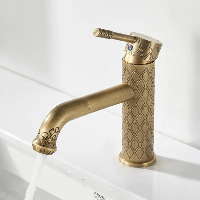 Robinet de Lavabo Laiton Sculpté Antique Mitigeur
