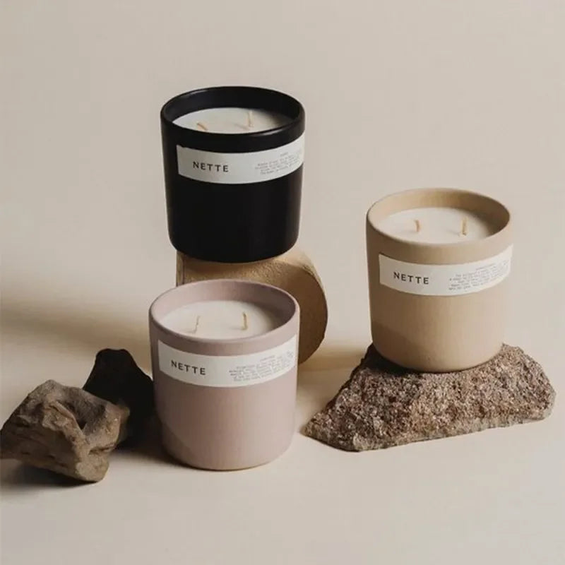 Bougie Parfumée en Pot de Céramique - Cire Végétale et Mèche en Bois
