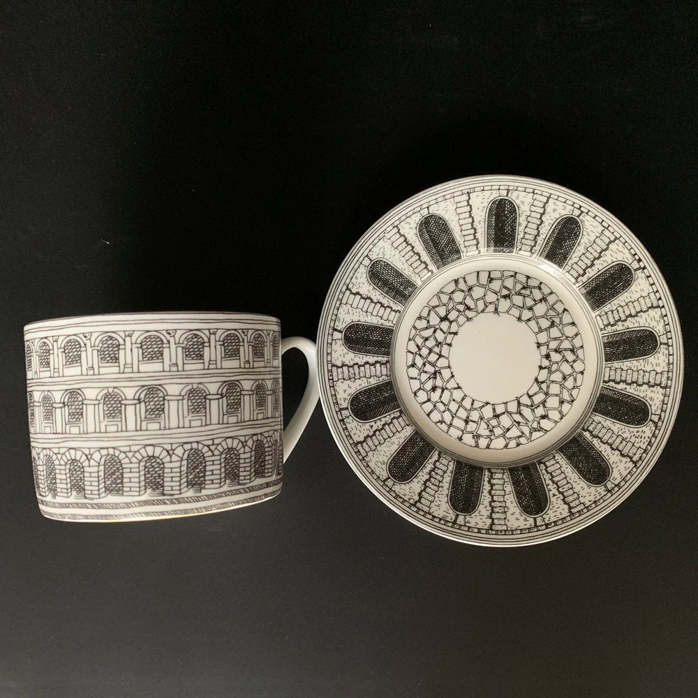 Tasse à Café Céramique Motif Château avec Assiette à Dessert