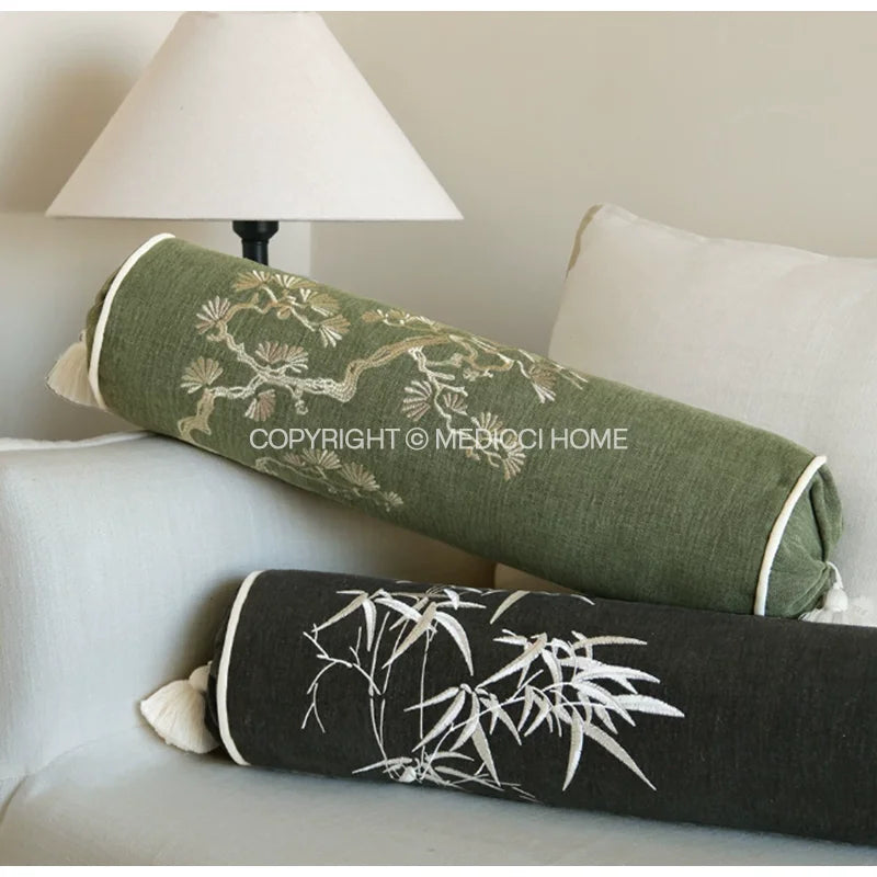 Housse de Coussin Cylindrique Brodée Feuilles de Bambou