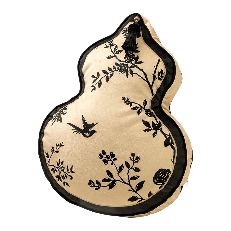 Coussin Décoratif Forme Gourde - Motif Floral et Oiseaux