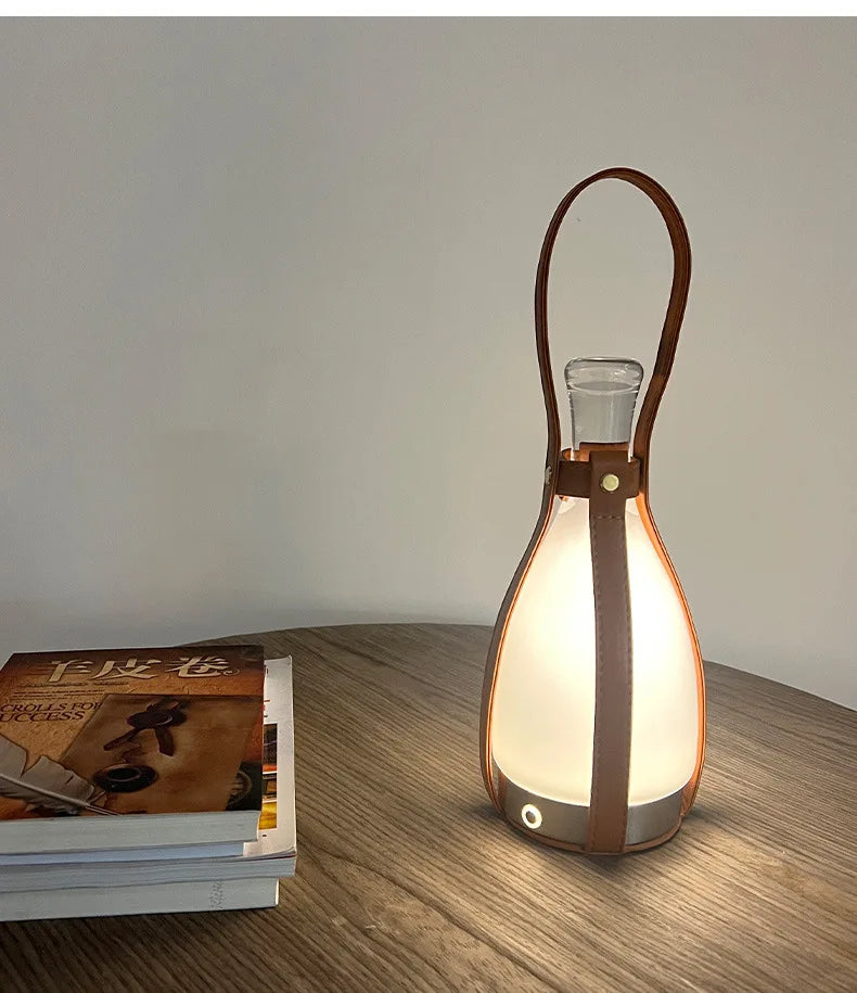 Lampe Bouteille Verre Nordique LED Portable Cuir